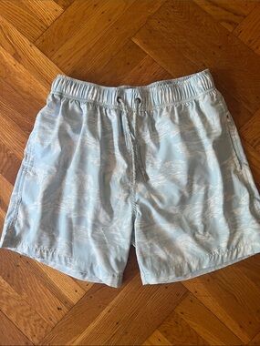 Vintage Summer Men's Light Blue Patterned Swim Trunks Size Small